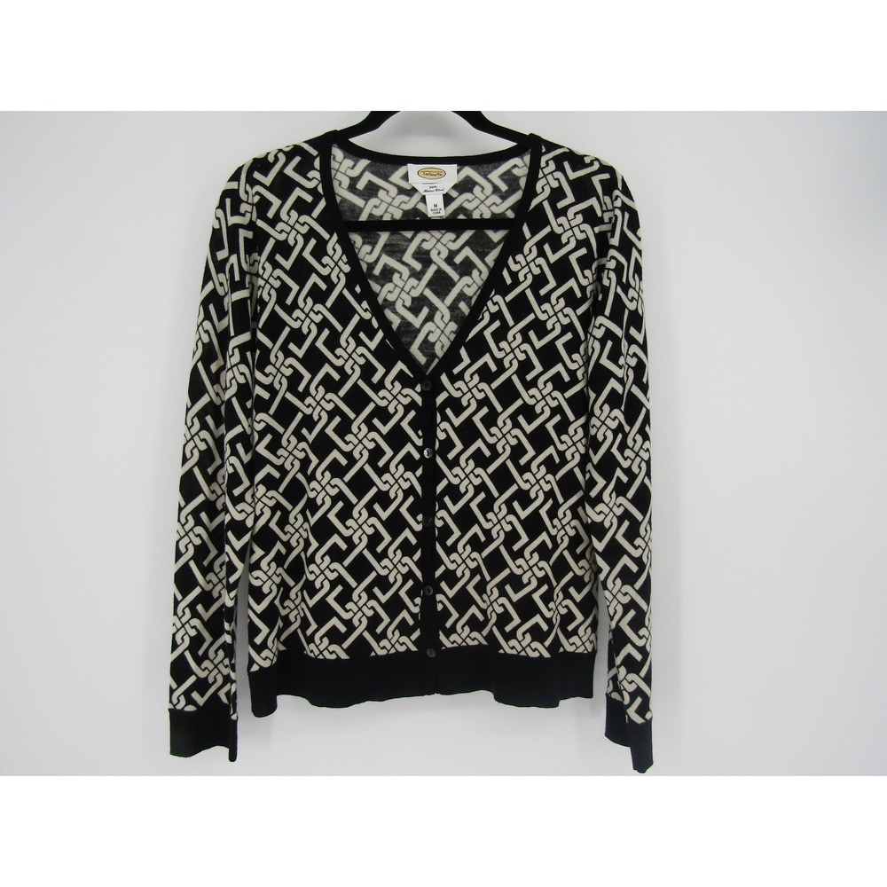 Talbots Cardigan Sweater Womens Medium Black Merino Wool Geometric Chain Link